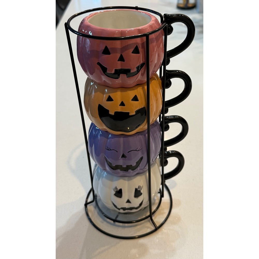 Halloween Stacking Pumpkin Mugs Set of 4 with Metal Stand Multicolor Ceramic New